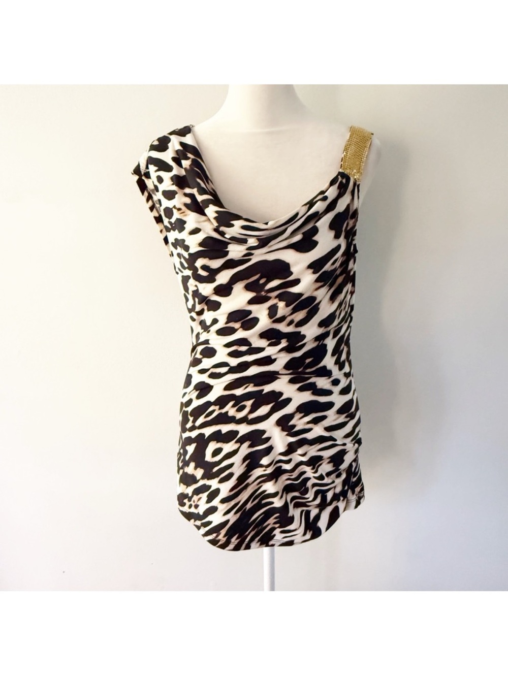 Vintage Women Y2K Leopard Sequin Sleeveless Cowl Top XS Glam Baddie Mob Wife